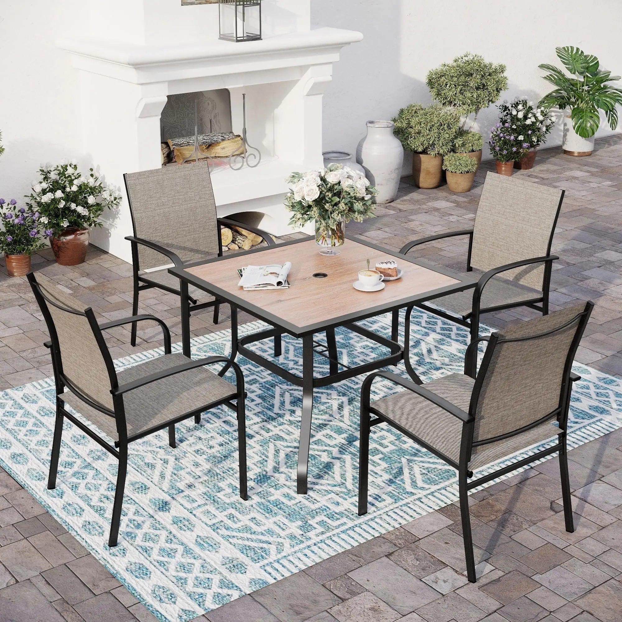 SUNSHINE VALLEY 5/9 Piece Patio Dining Set, Square Table with Umbrella Hole, 4 Metal Brown Chairs, Outdoor Table Chairs Set