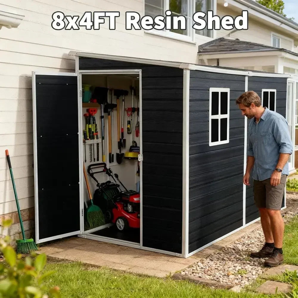 4x8 Outdoor Resin Storage Shed with Floor, 2 Windows, Ideal for Garden Tools and Bicycle Storage