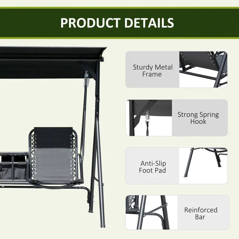 2-Seat Outdoor Porch Swing, with Pivot Storage Table, Cup Holder, & Adjustable Overhead Canopy, Stand's Skid-Resistant Feet Pad, Breathable Mesh Seat, Steel Frame, for Patio, Black