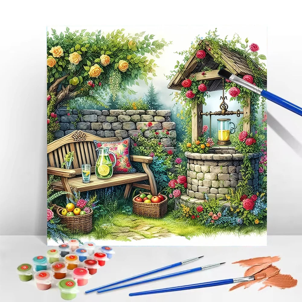 DIY Garden Scenery, Paint By Numbers For Adult, Craft Kit Hand Painted On Canvas,