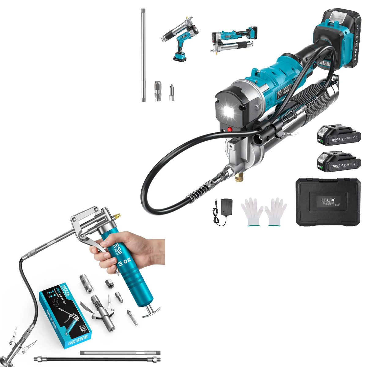 SeeSii Grease Gun 12000PSI 2-in-1 Electric Grease Gun Kit & 4000 PSI Mini Portable Grease Gun Kit Car Oil Pump Oil Change Tool with 2.0Ah Battery Flexible Hose for Automotive Marine Easy Priming Works