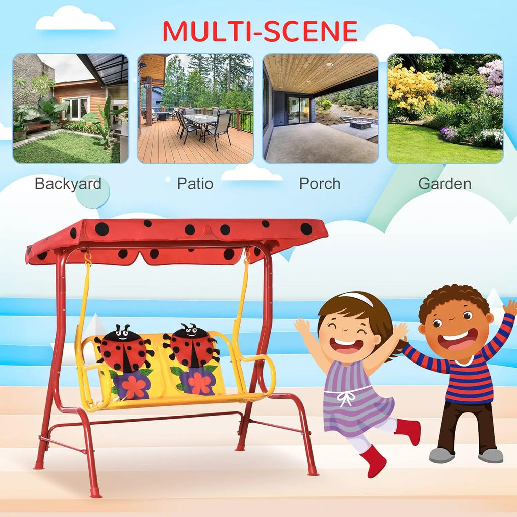 Porch Swing for Kids with Adjustable Canopy to Block Sun at Angles, Kids Swing Chair with Seatbelts, Red Ladybugs And Yellow