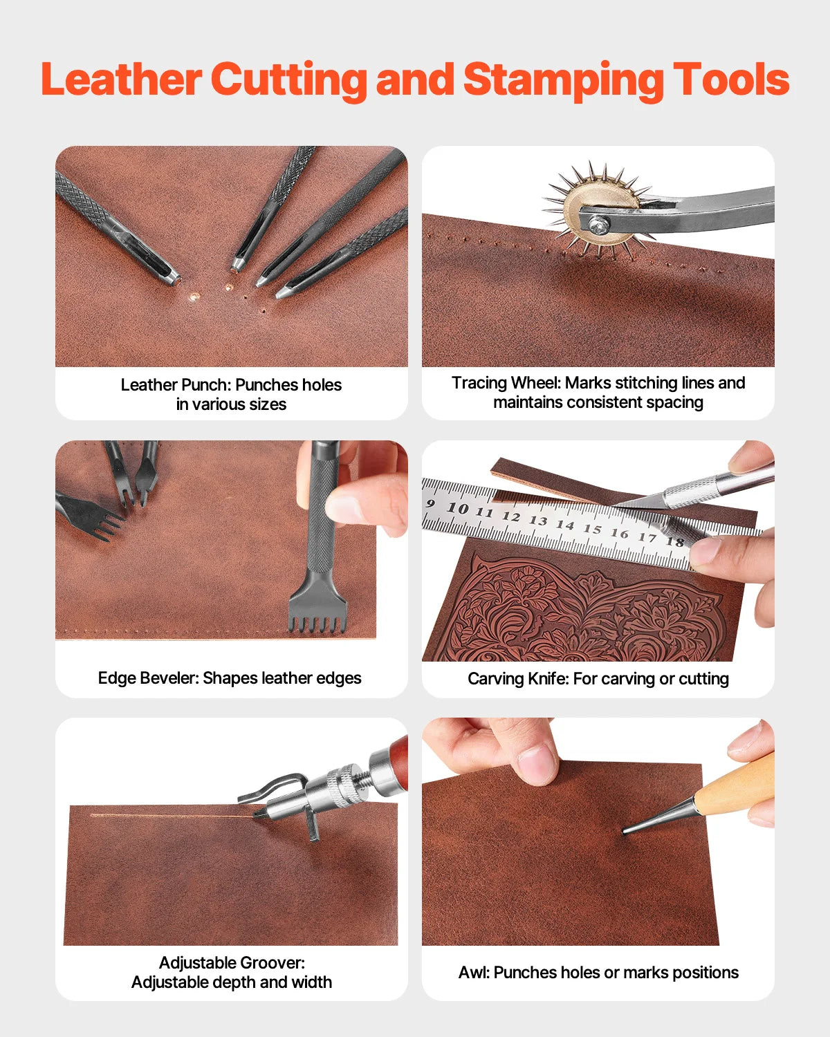 SucceBuy 59/61/72 PCs Leather Working Tools Kit, Leathercraft Tools w/Storage Bag, Engraving Punching Sewing Stamping Tools