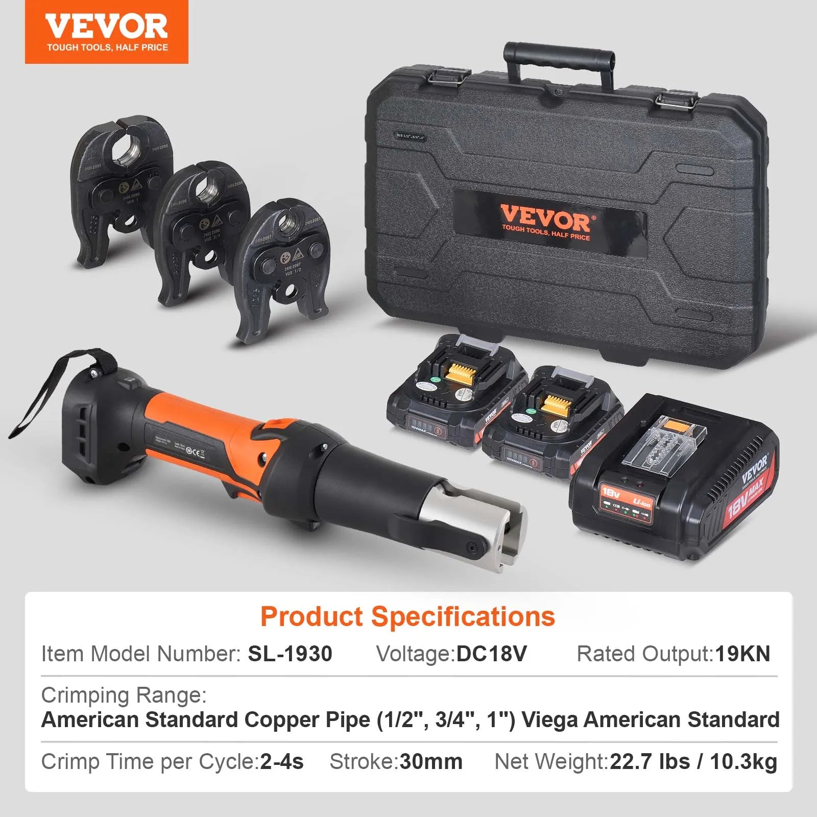 18V Electric Crimping Tool, 1/2" 3/4" 1" Copper Pipes Press Tool Kit w/3 Jaws, 2 Batteries