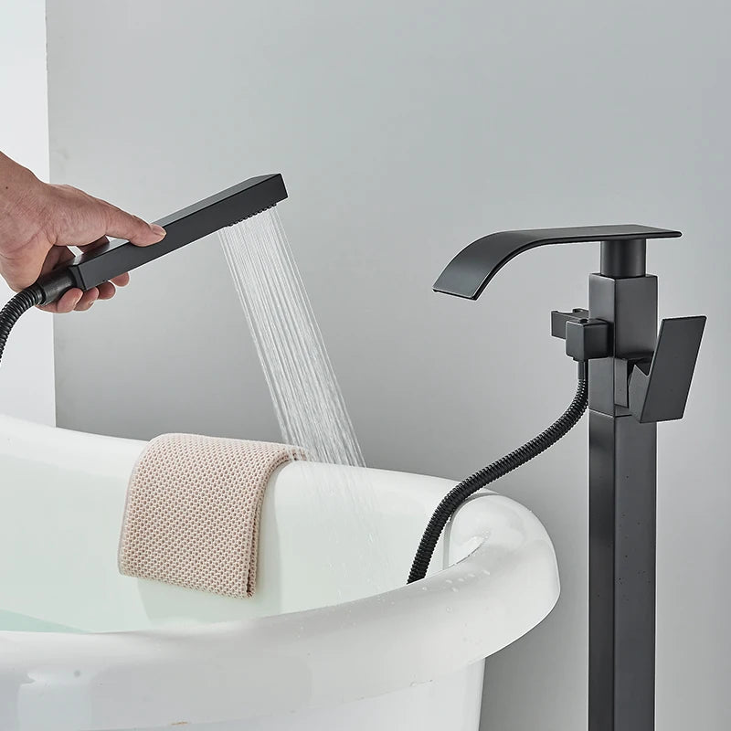 Floor Standing Bathtub Tap With Hand Shower, Hot And Cold Mixer