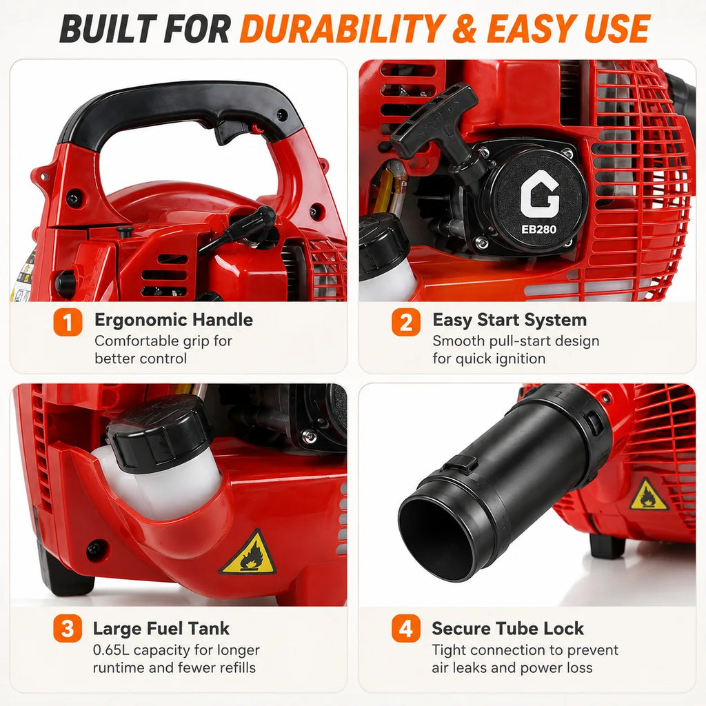 28CC Gas Leaf Blower Handheld 2 Stroke Engine 490CFM 280MPH High Airflow Lightweight Lawn Blower for Yard Garden Driveway Patio Debris Cleaning