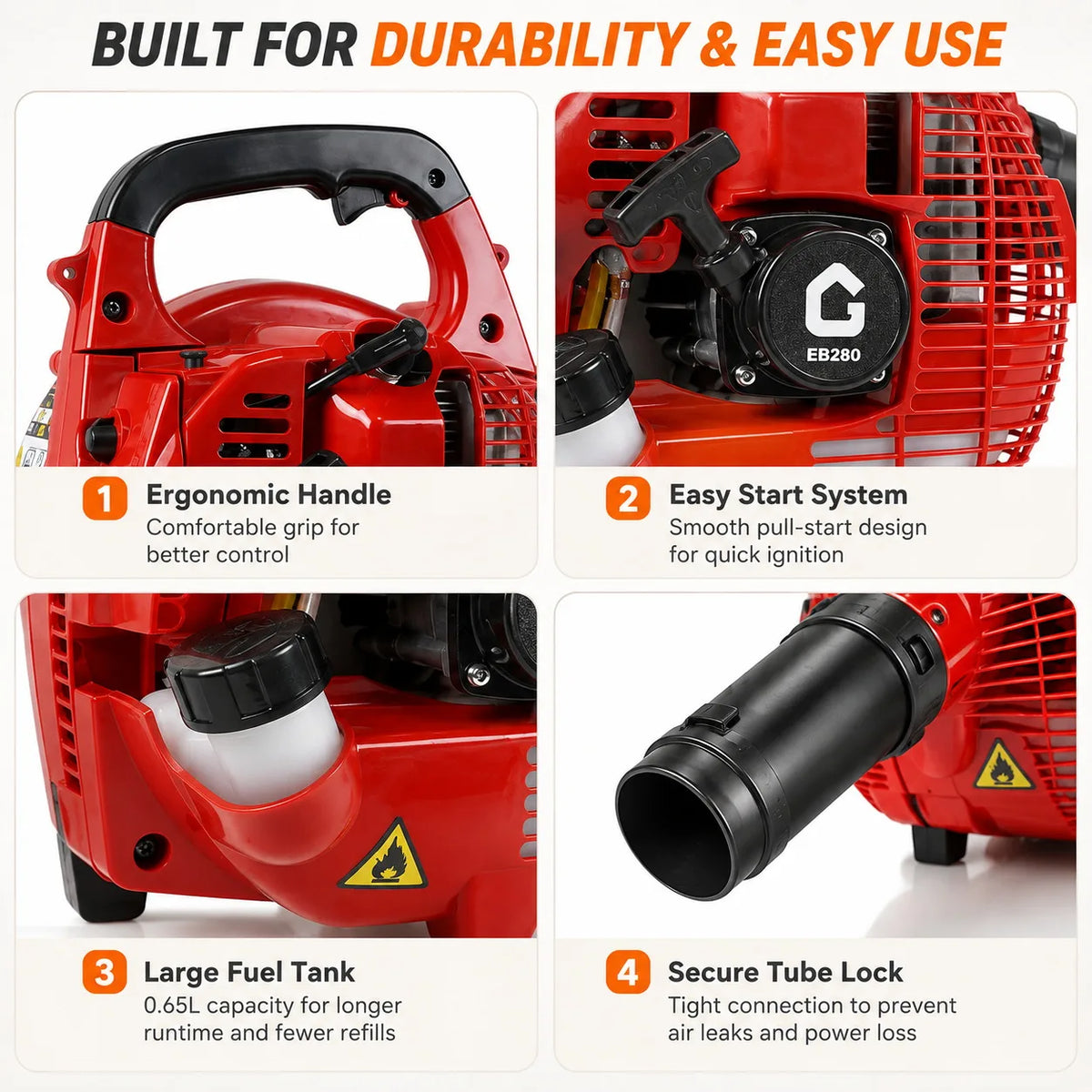 28CC Gas Leaf Blower Handheld 2 Stroke Engine 490CFM 280MPH High Airflow Lightweight Lawn Blower for Yard Garden Driveway Patio Debris Cleaning