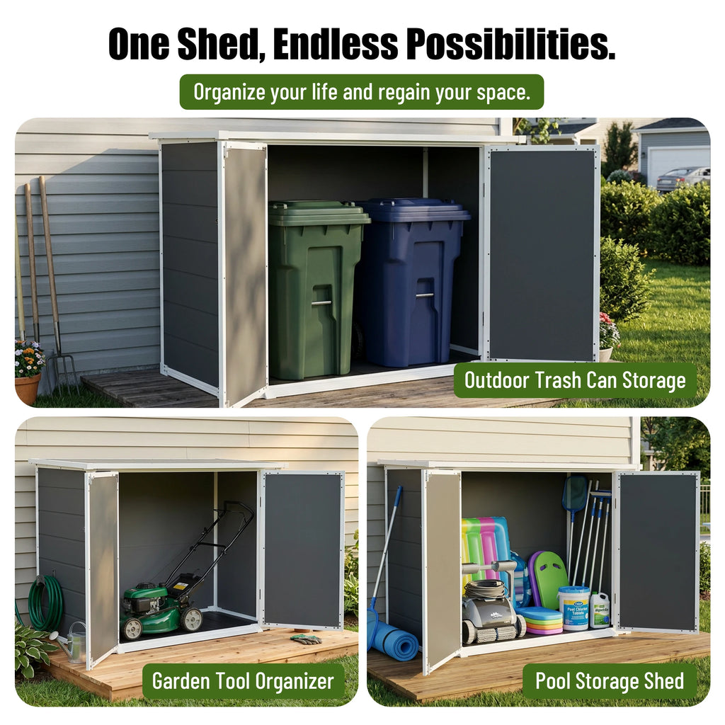 Gihauvia 56×29×44in Gray Resin Outdoor Storage Shed with Lockable Double Doors Waterproof All Weather Utility Cabinet for Garden Tools Trash Cans Backyard Patio
