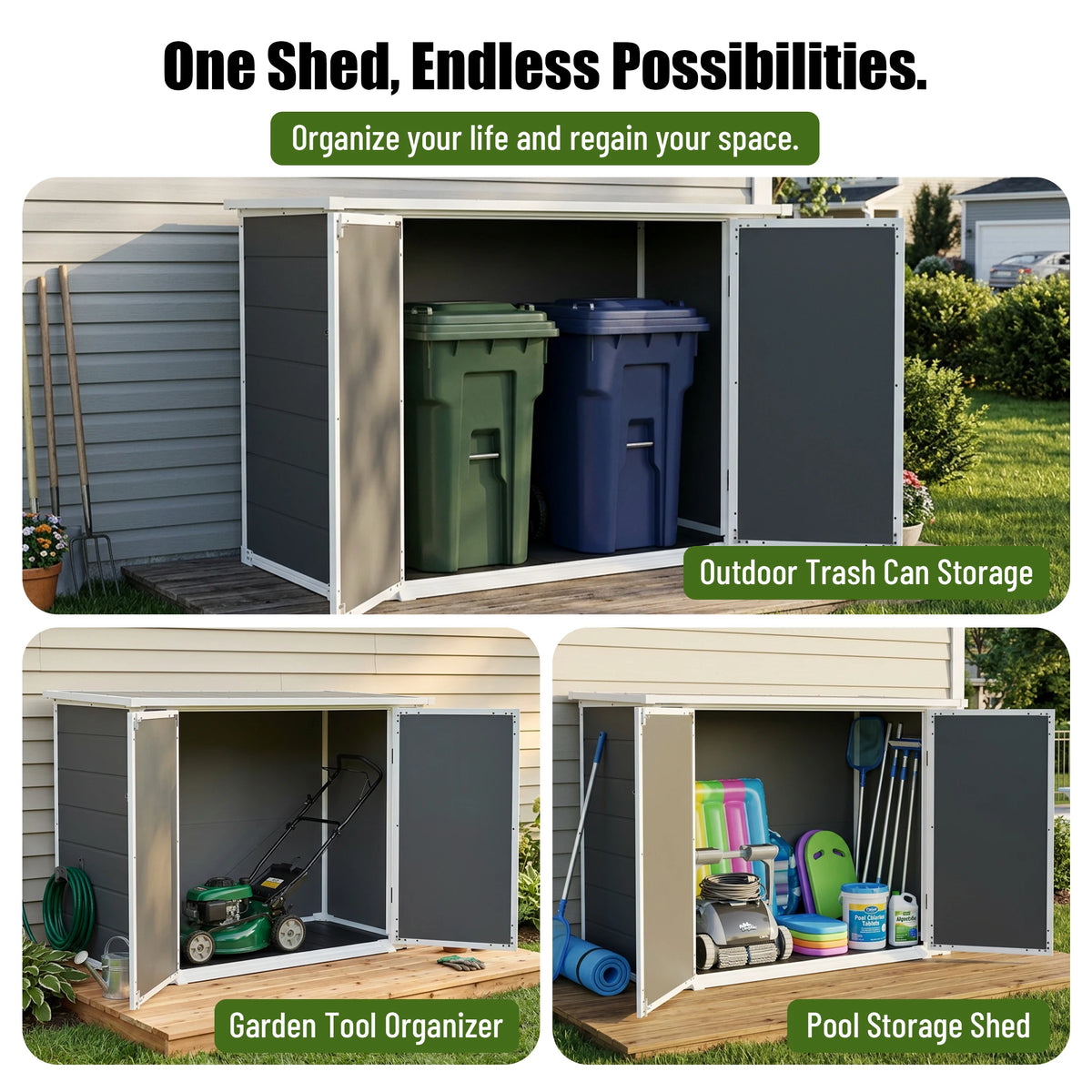 Gihauvia 56×29×44in Gray Resin Outdoor Storage Shed with Lockable Double Doors Waterproof All Weather Utility Cabinet for Garden Tools Trash Cans Backyard Patio