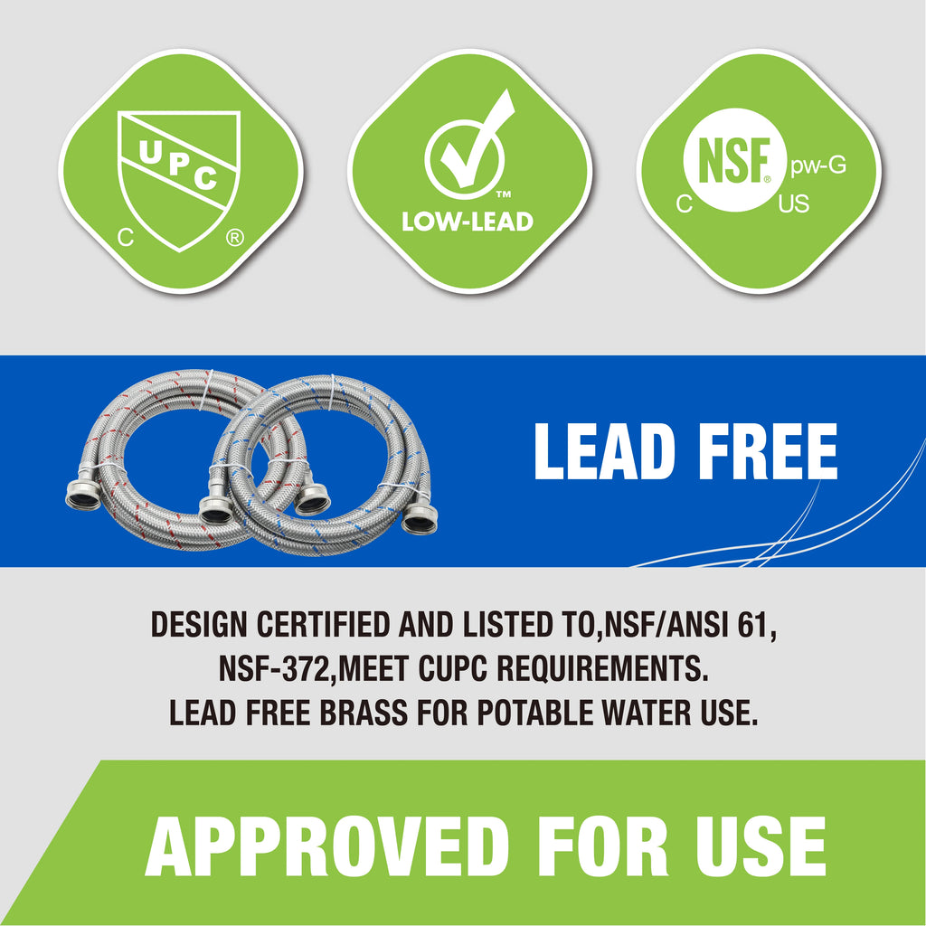 Washing Machine Hose, Stainless Steel Braided, Burst Proof, 6 Foot, Hot and Cold Water Lines