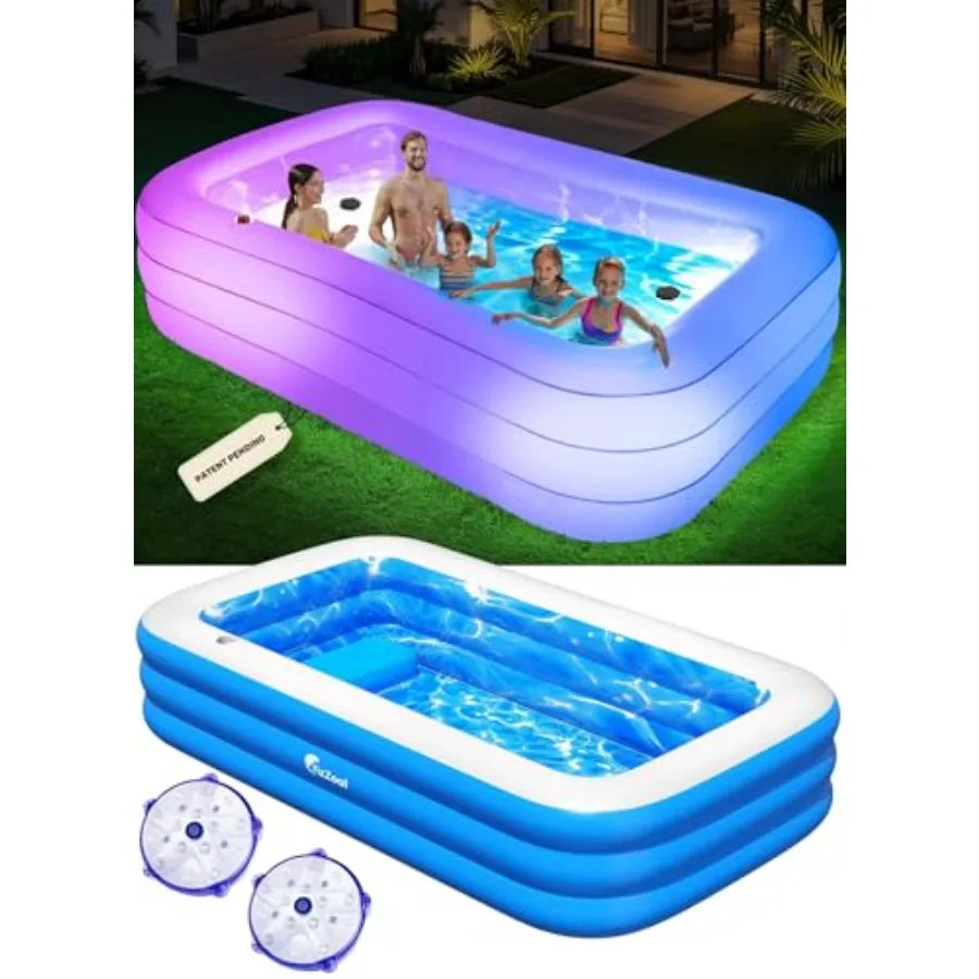 FizZeal Backyard outdoor inflatable pool for adults and kids white PVC material 110 x 63 x 20 with built-in lights and reinforced seat