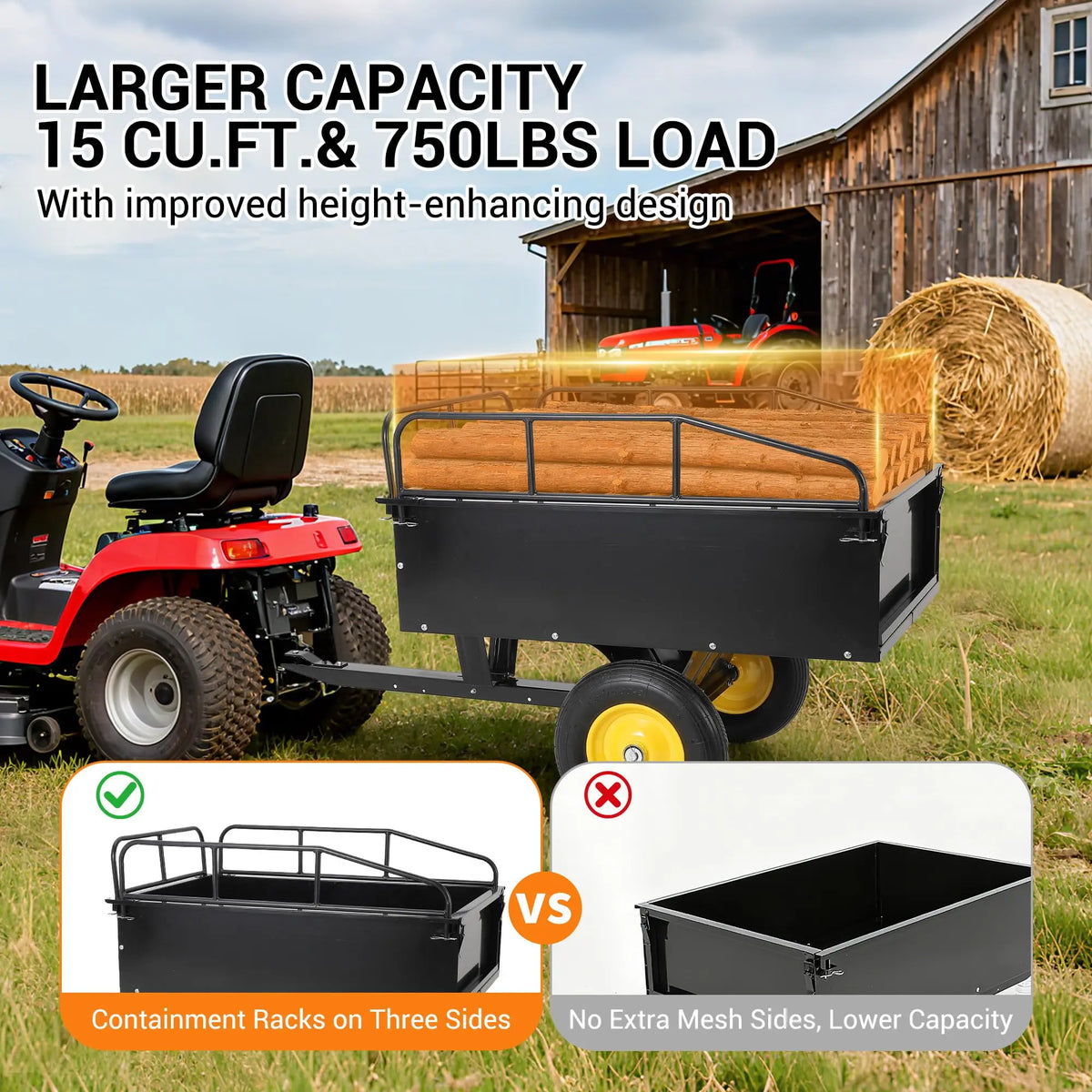 750 lb Steel Dump Cart 17 Cu Ft ATV Utility Trailer, Removable Sides, Pull Behind Lawn Mower Tractor UTV Garden Yard Hauler