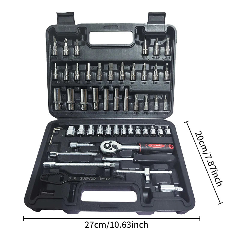 Zuswod Household ratchet wrench socket tool set, car/bicycle repair machinery tool kit, 1/4 "drive depth and standard socket, professional racing grade car parts repair quick ratchet wrench and other car repair parts tool kit