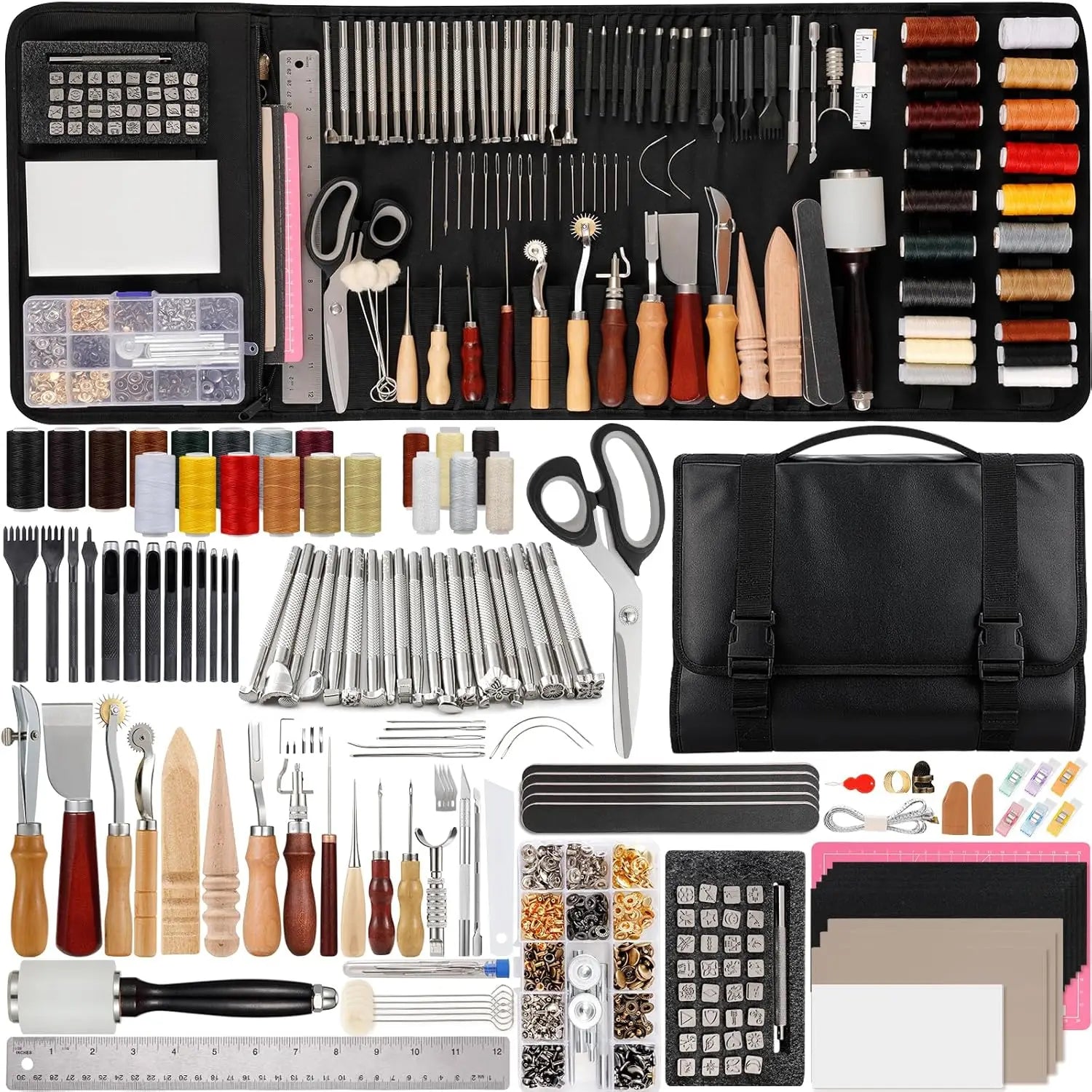 160-Piece Professional Leather Craft Tool Kit, with Storage Bag, for Stamping, Sewing, Carving, Cutting & Punching
