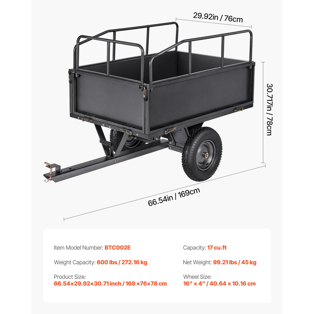 SucceBuy Garden Utility Trailer 17Cu.Ft&600lbs Capacity ATV UTV Hauling Trailer Tow Behind Steel Dump Cart forLawn Mower Tractor