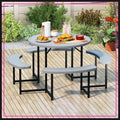 Outdoor Picnic Table with Benches, 8-Person Round Dining Set, Metal Frame & HDPE Top, Umbrella Hole for Patio Lawn