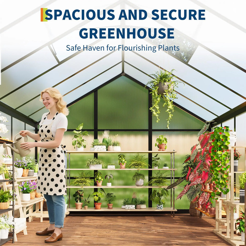 HiMiss 6x10 FT Polycarbonate Greenhouse For Outdoors, Aluminum Walk-In Greenhouse With Roof Vent & Lockable Door For Garden Backyard