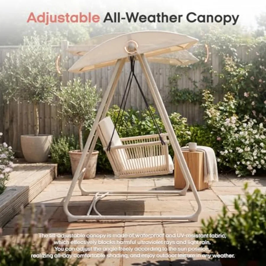 Outdoor Patio Swing Chair with Adjustable Canopy, Heavy-Duty Triangular Frame, Single Seat Garden Hammock Swing for Backyard