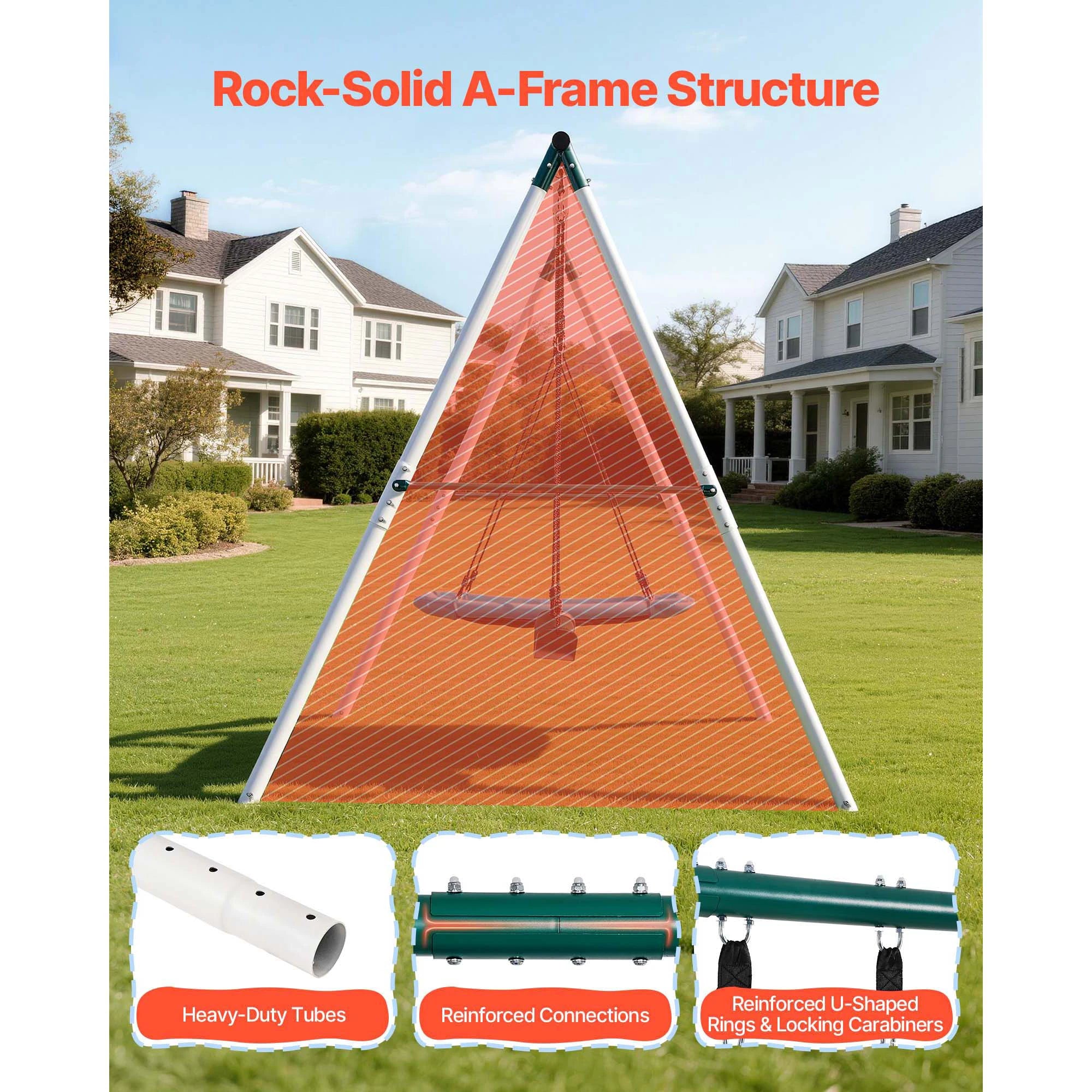 SucceBuy Swing Set for Backyard 45x30in Swing Seat and Two Belt Seats with A-Frame Metal Stand 700lbs Swing set Outdoor for Kids