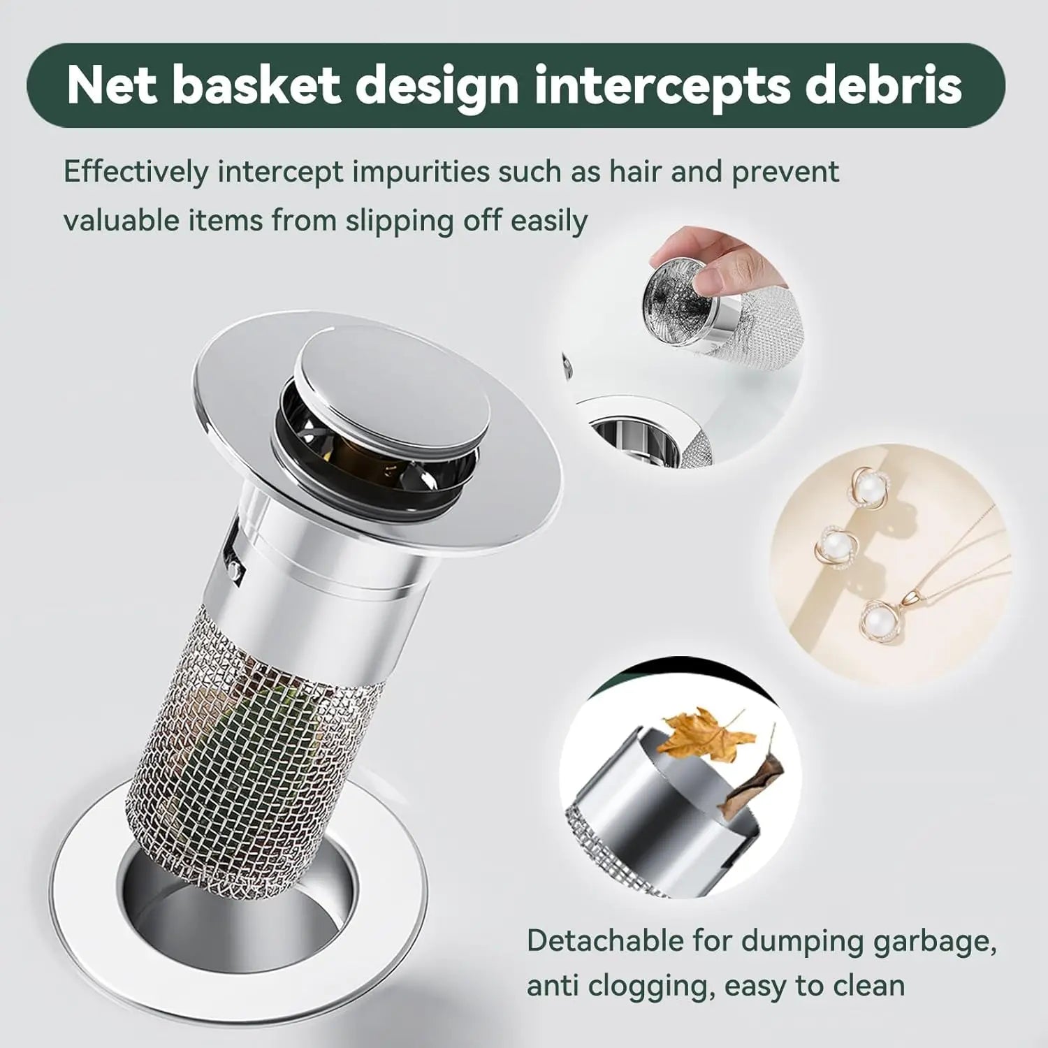 Sink/Tub Pop-Up Drain Plug, Hair Catcher, Drain Filter, Stainless Steel