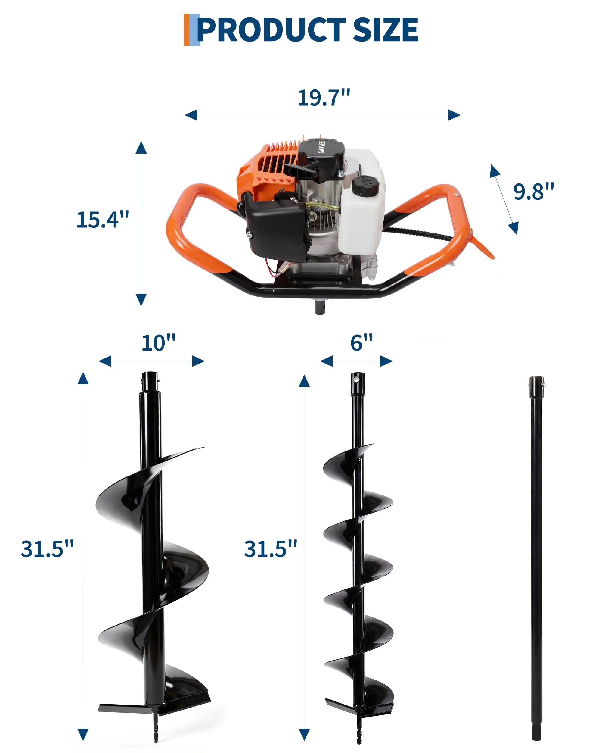 52cc Gas Powered Earth Auger Post Hole Digger With 2 Bits 6" 10" And 3 Extension Rods Heavy Duty Fence Tree Planting Tool
