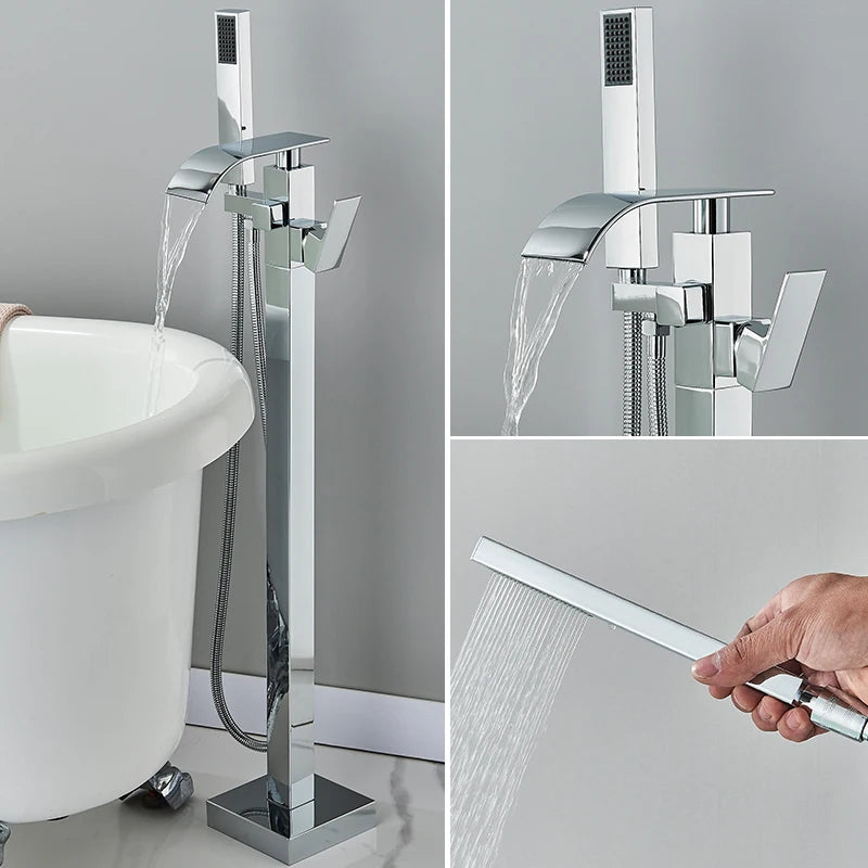 Floor Standing Bathtub Tap With Hand Shower, Hot And Cold Mixer