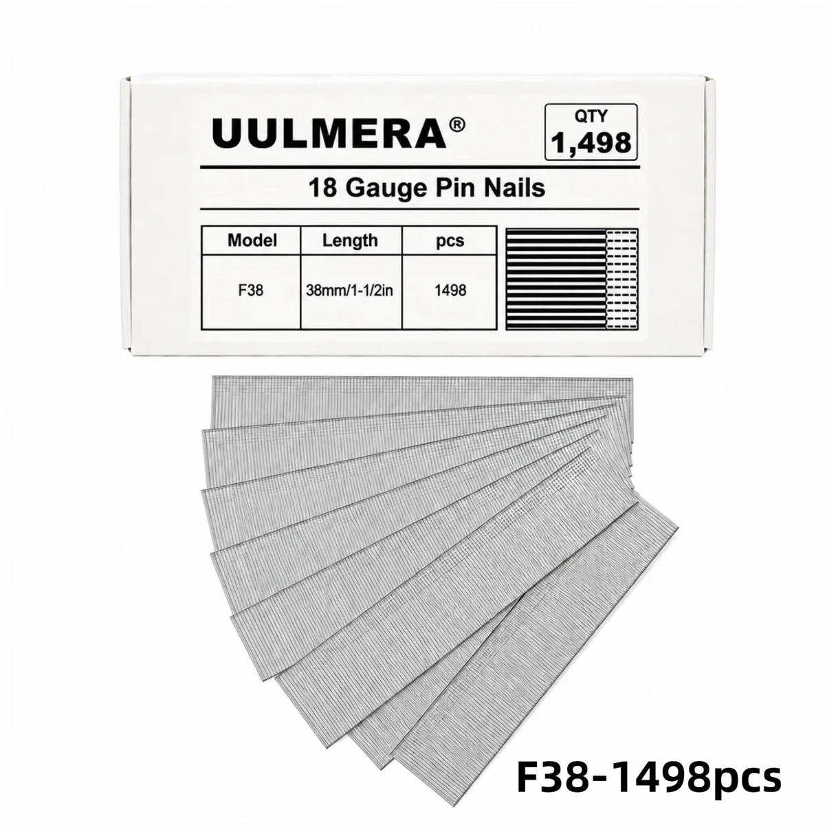 UULMERA 1498PCS 18 Gauge Brad Nails, F15/F20/F25/F30/F38/F50 Galvanized Nail Gun Nails for Pneumatic, Electric Brad Nailer Gun