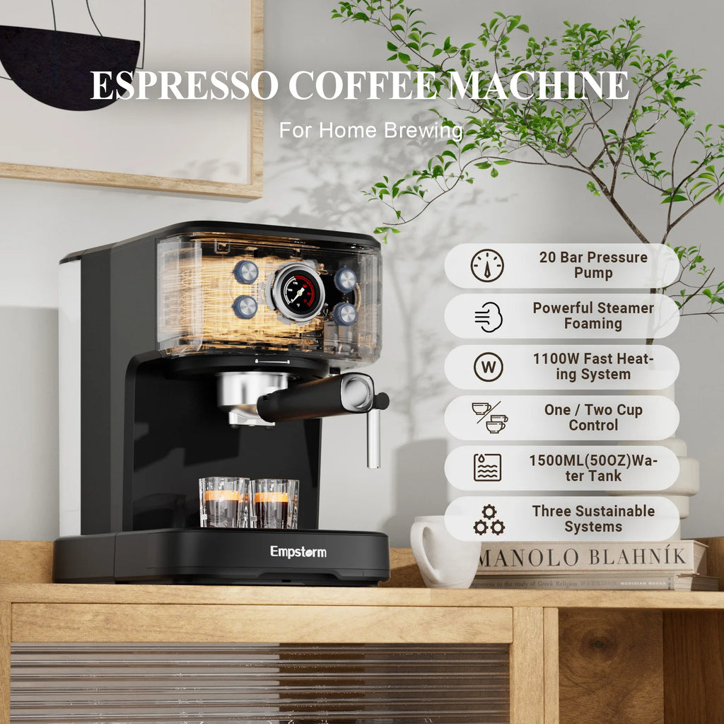 Empstorm Household Electric Semi-automatic Espresso Machine Brewing System Milk Frother Stainless Steel 20 Bar Pump Type Temperature Control Device for Hotels,with Top Cup Warmer & Washable Drip Tray,sturdy Build,ideal Gift f