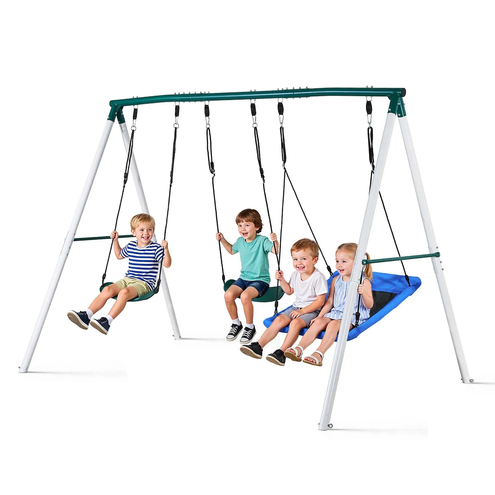 SucceBuy Swing Set for Backyard 45x30in Swing Seat and Two Belt Seats with A-Frame Metal Stand 700lbs Swing set Outdoor for Kids