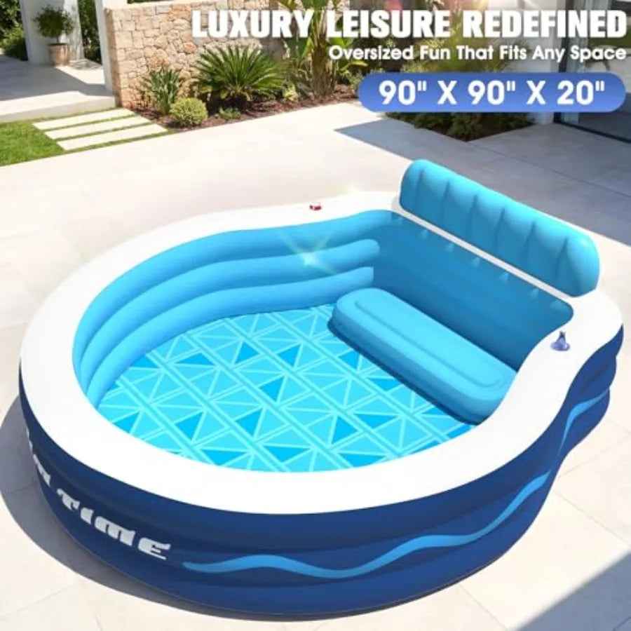 Swim Time Backyard inflatable pool with seat and headrest for adults thickened white PVC oversized 90×90×20 durable family lounging Pool