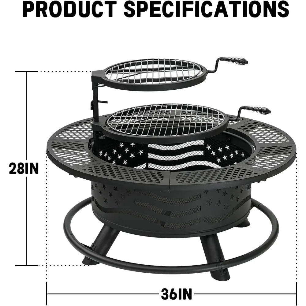 36 Inch Fire Pit with 2 Cooking Grates, Outdoor Wood Burning BBQ Grill Firepit Bowl with Cover Lid, Steel Round Table for Backya