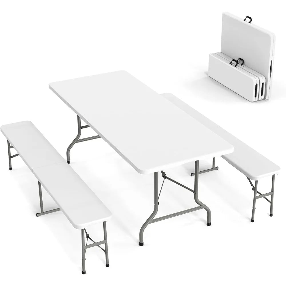VINGLI 6 Feet 3-Piece Picnic Table Set with 2 Benches Folding Indoor Outdoor Furniture Smooth Tabletop White