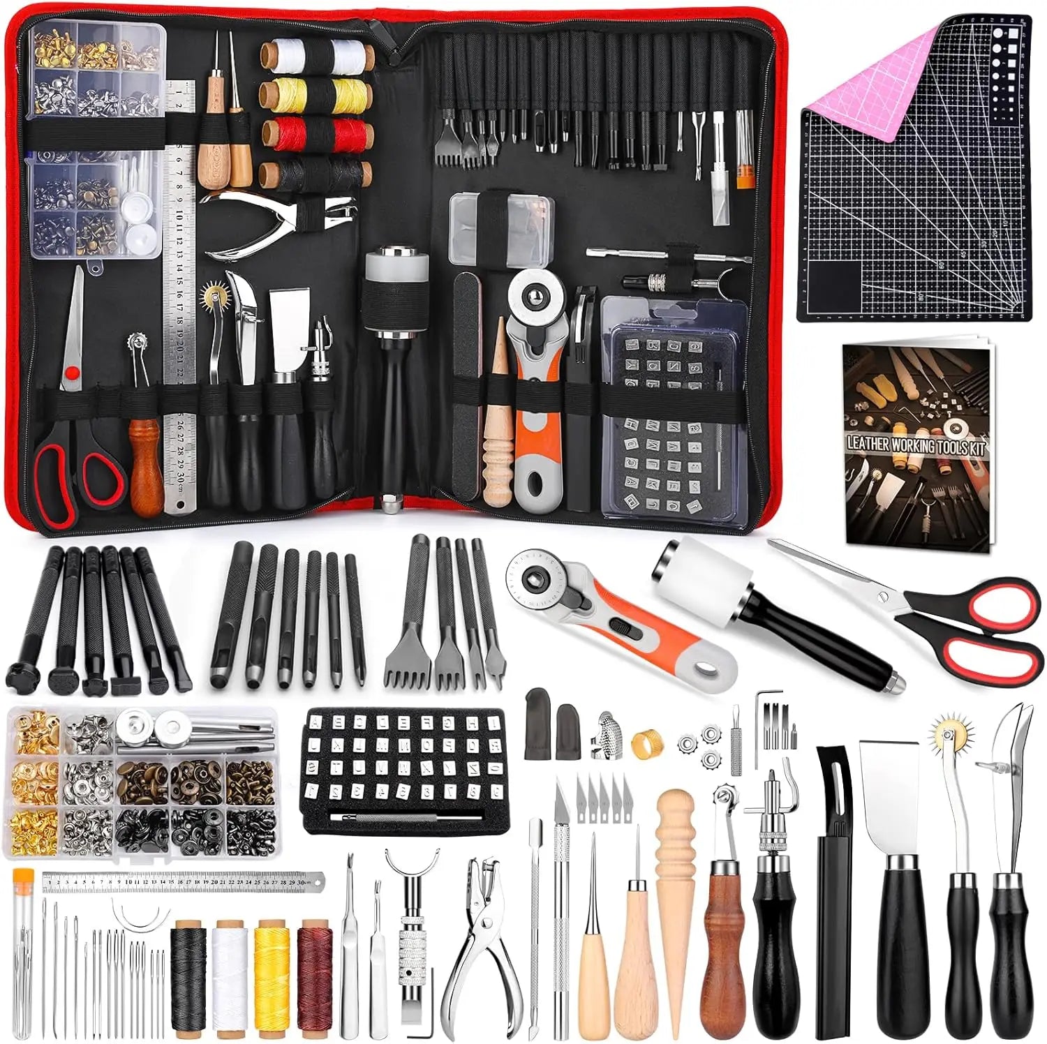 415-Piece Leather Crafting Kit with Punching, Sewing, Stamping & Sanding Tools for Professional and Beginner Projects