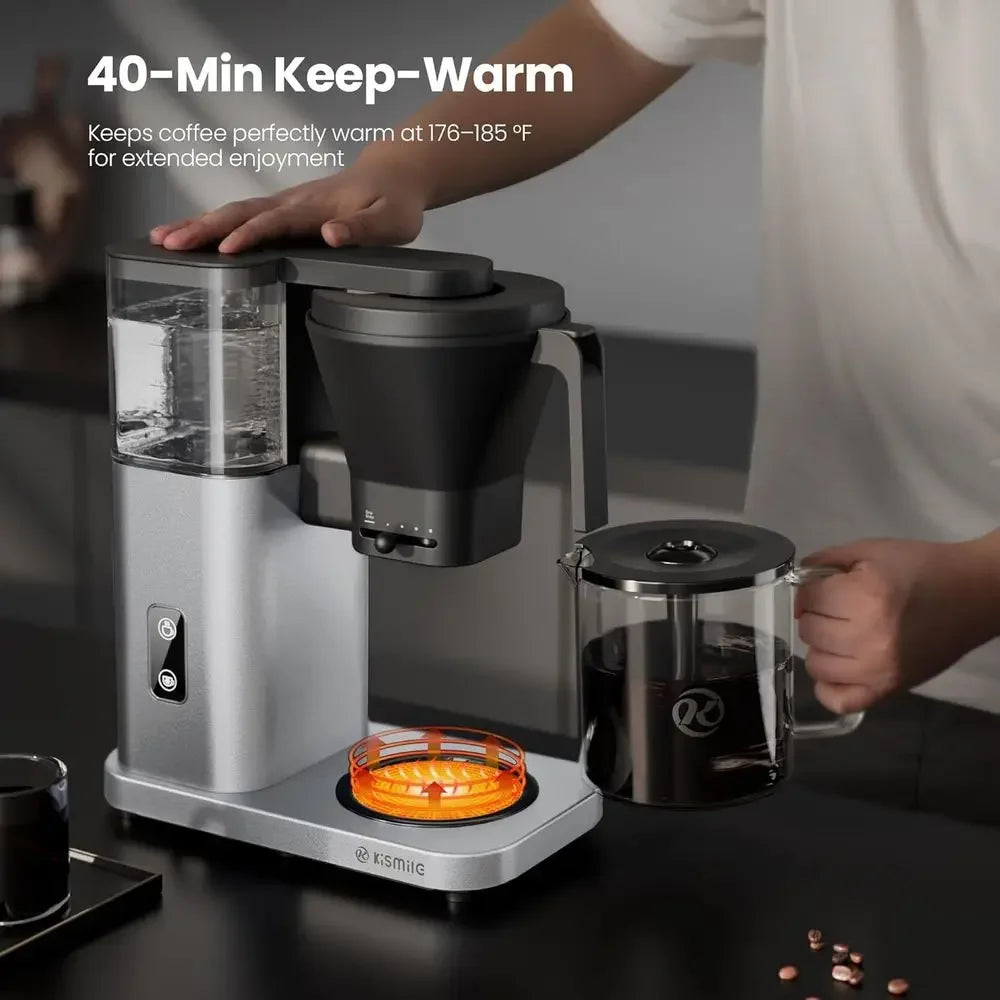 KiSMilE 8-Cup Drip Coffee Maker with Pour Over, 197-205℉ Heat Control, Removable Tank, Cold Brew & 40 Min Warming (Silver)