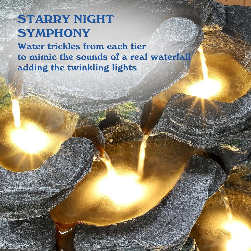 7-Tier Cascading Rock Water Fountain Outdoor Garden Waterfall with Lights,Fountain Indoor Decor for Garden, Patio, Backyard