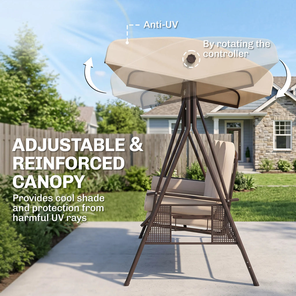 3-Person Outdoor Canopy Patio Cushioned Bench Porch Swing Seat, Beige