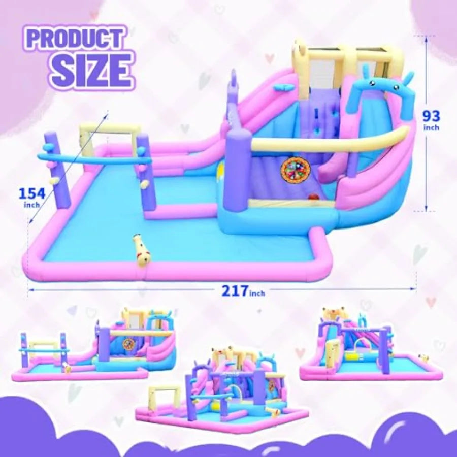Yao Hui Huang Backyard inflatable bounce house water slide combo: PVC blue/pink/purple/yellow includes climbing wall, basketball hoop, splash pool, water cannon and blower