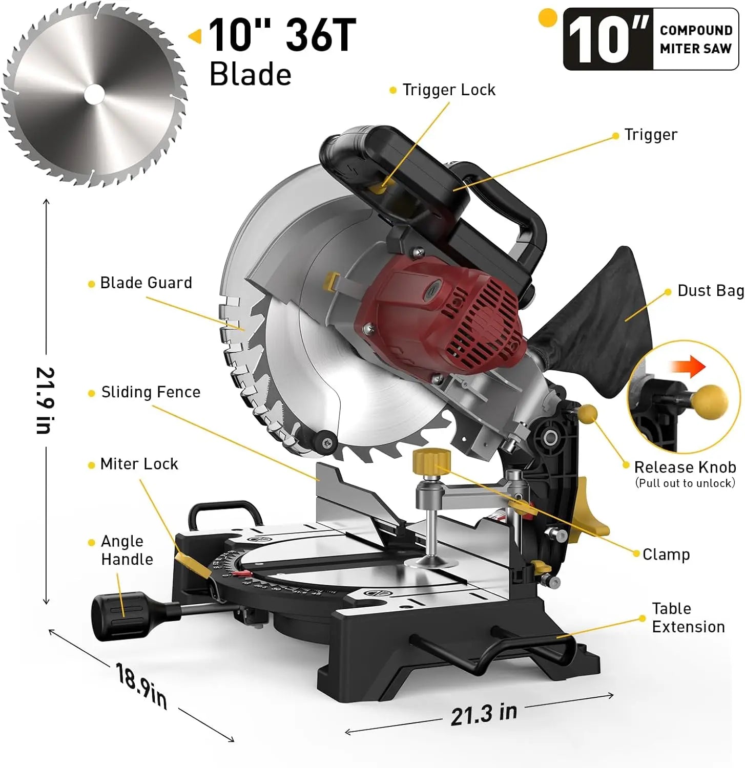 Compound Miter Saw Single Bevel 0°-45° Left Miter 15-Amp 5000 RPM 36-Tooth Blade Precision Angles Metal, Wood Cuttng Machine