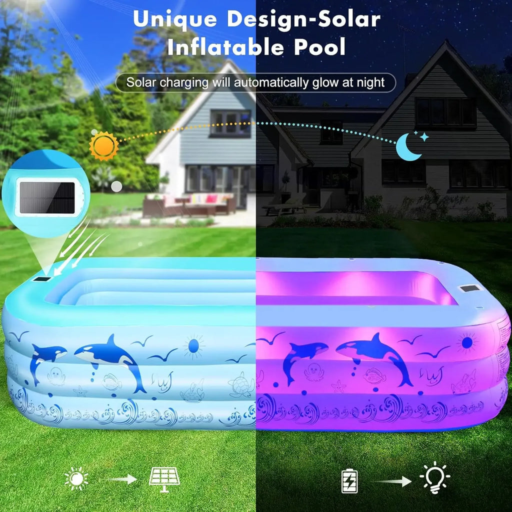 2026 Upgrade Inflatable Pools with Lights, Inflatable Swimming Pools for Adults, Blow Up Pool Solar, Large Pool, Durable Thicken