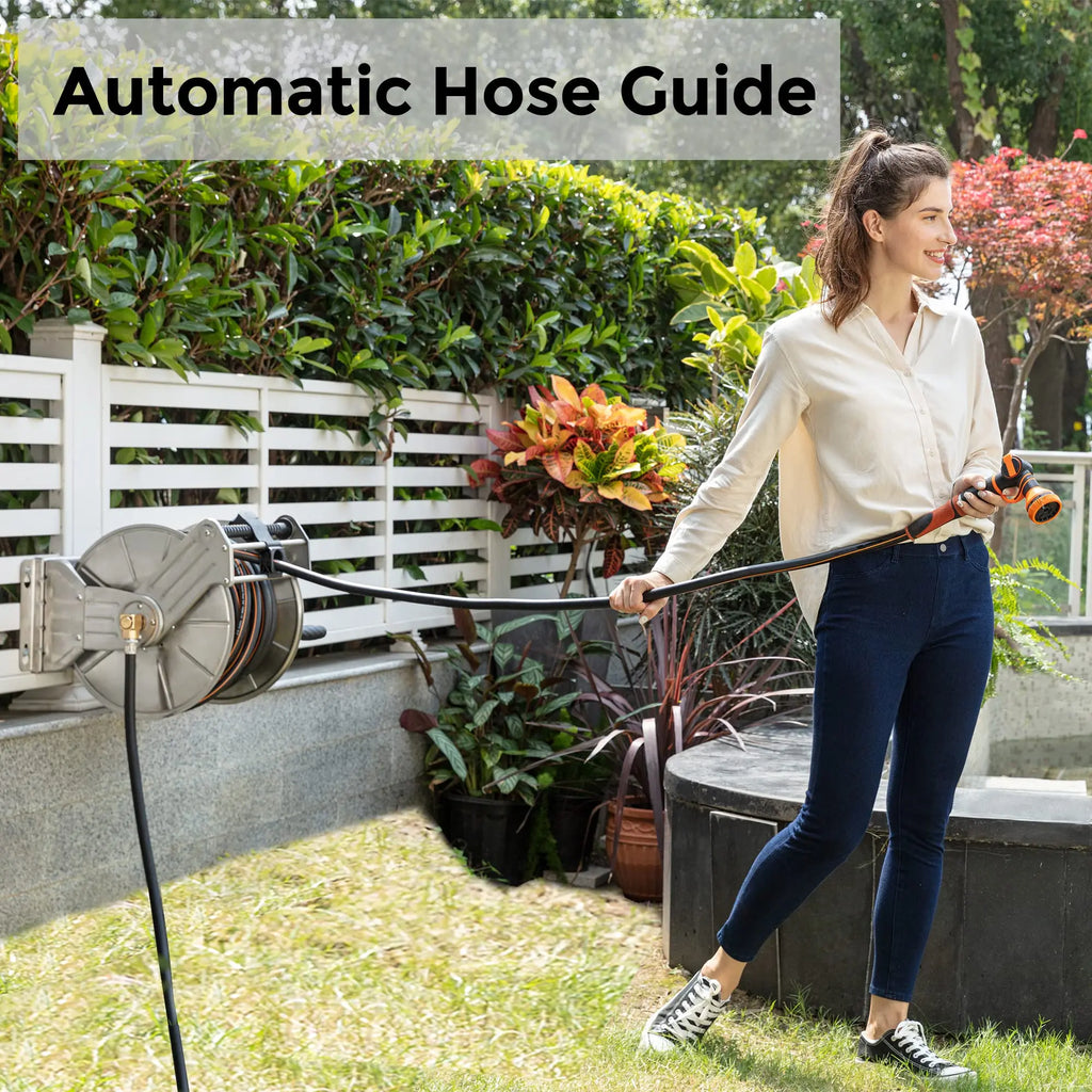 Giraffe Tools Stainless Steel Garden Hose Reel Heavy Duty, Wall/Floor Mounted Stainless Water Hose Reel Retractable with Crank, 150-Feet 5/8" Hose Capacity. With 100FT hose or No Hose.