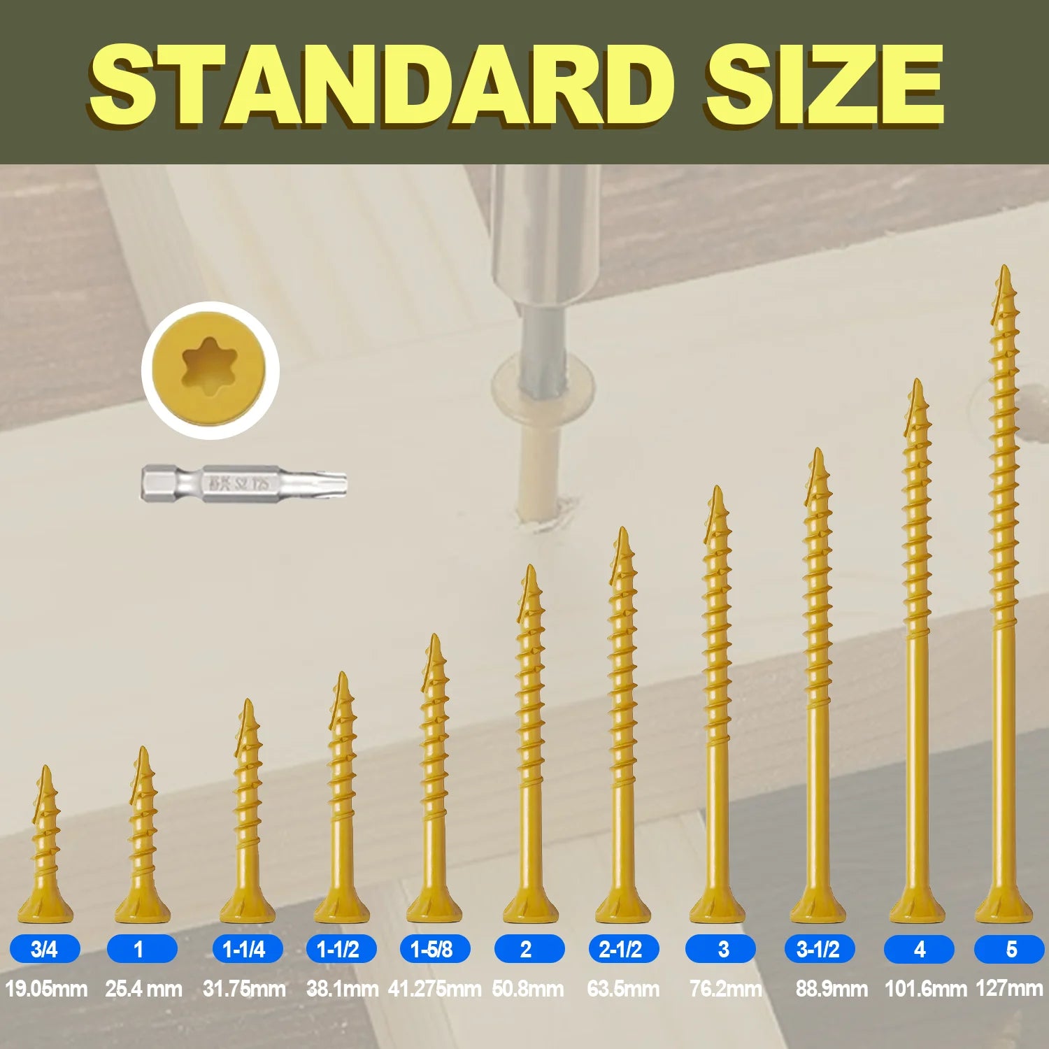 VKKM #9 x 3" Tan Exterior Deck Screws 120pcs, T25 Torx Star Drive Wood Screws, Anti-Corrosion Coated Countersunk Self-Tapping Screws for Decking, Fencing, Outdoor Wood Projects, with Free T25 Drive Bit