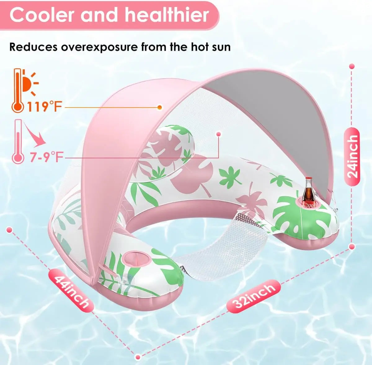 Pool Floats Adult with Adjustable Canopy, Inflatable Pool Float Chair with Cup and Drink Holder, Sunshade UPF50+, for Pool Beach