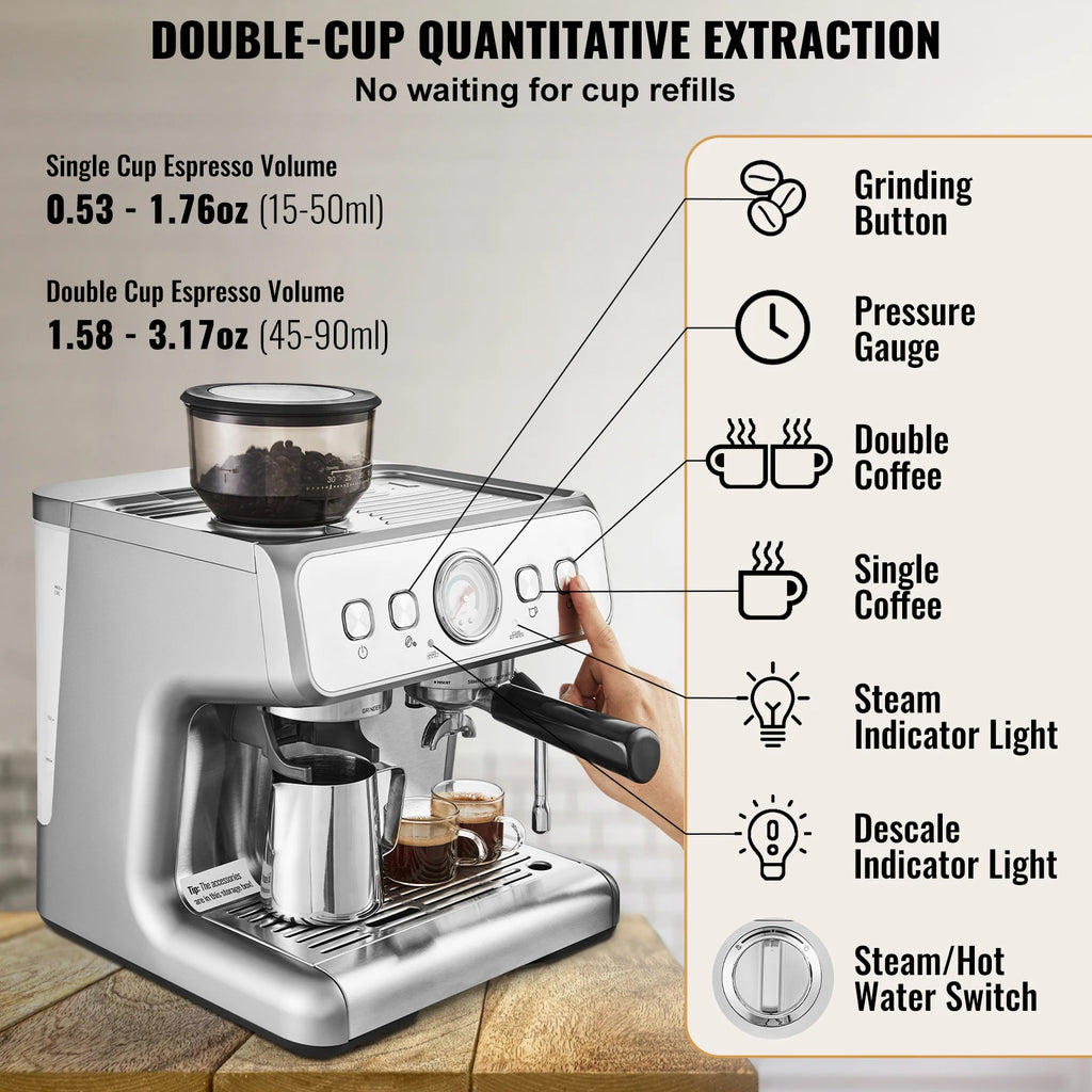 Vevor Espresso Machine with Grinder 15 Bar Semi-Automatic Espresso Coffee Maker with Milk Frother Steam Wand