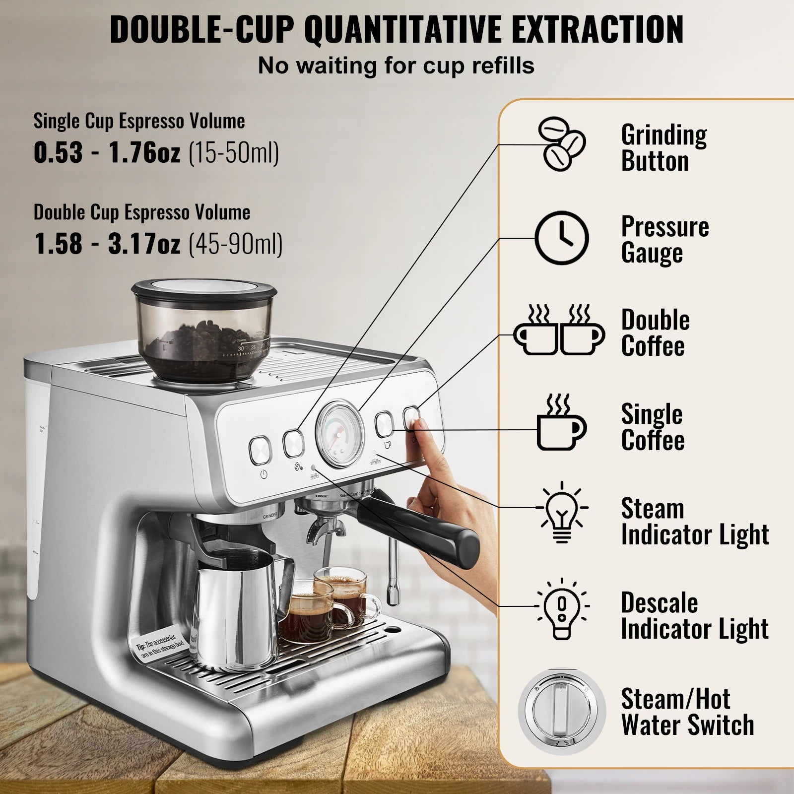 Vevor Espresso Machine with Grinder 15 Bar Semi-Automatic Espresso Coffee Maker with Milk Frother Steam Wand