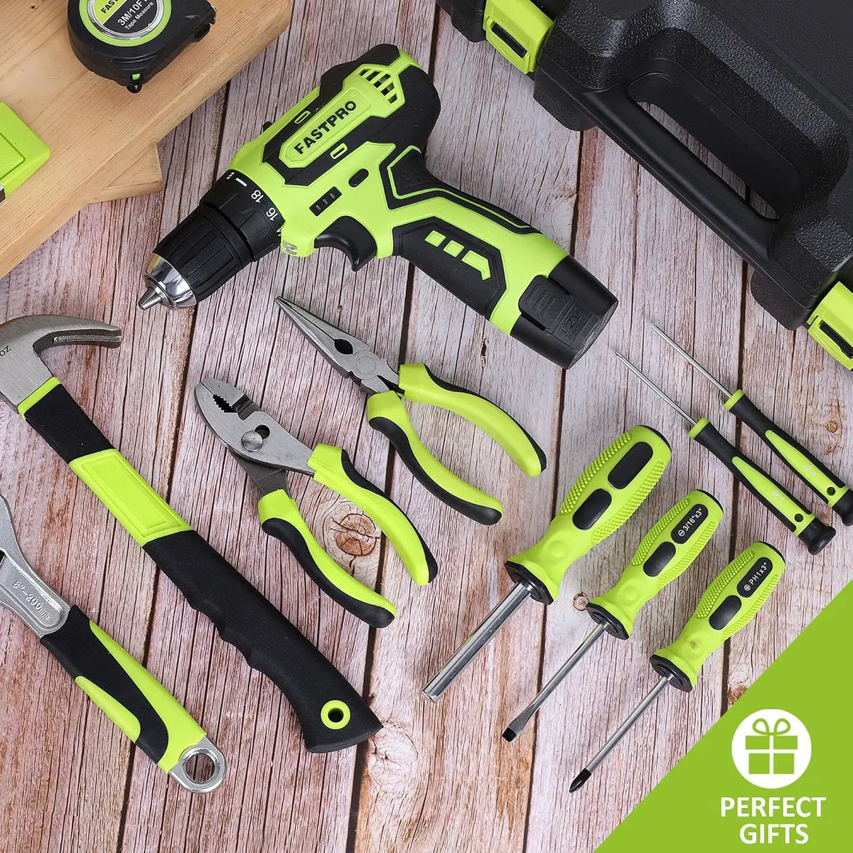 12V Cordless Drill Set, Home Tool Kit with Tool Box, Green - 19+1 Clutch, 2-Speed