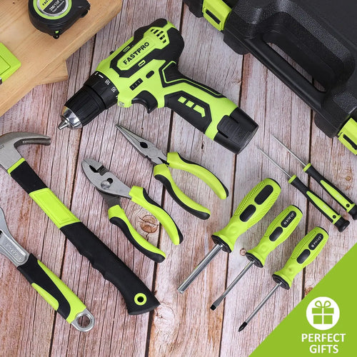12V Cordless Drill Set, Home Tool Kit with Tool Box, Green - 19+1 Clutch, 2-Speed