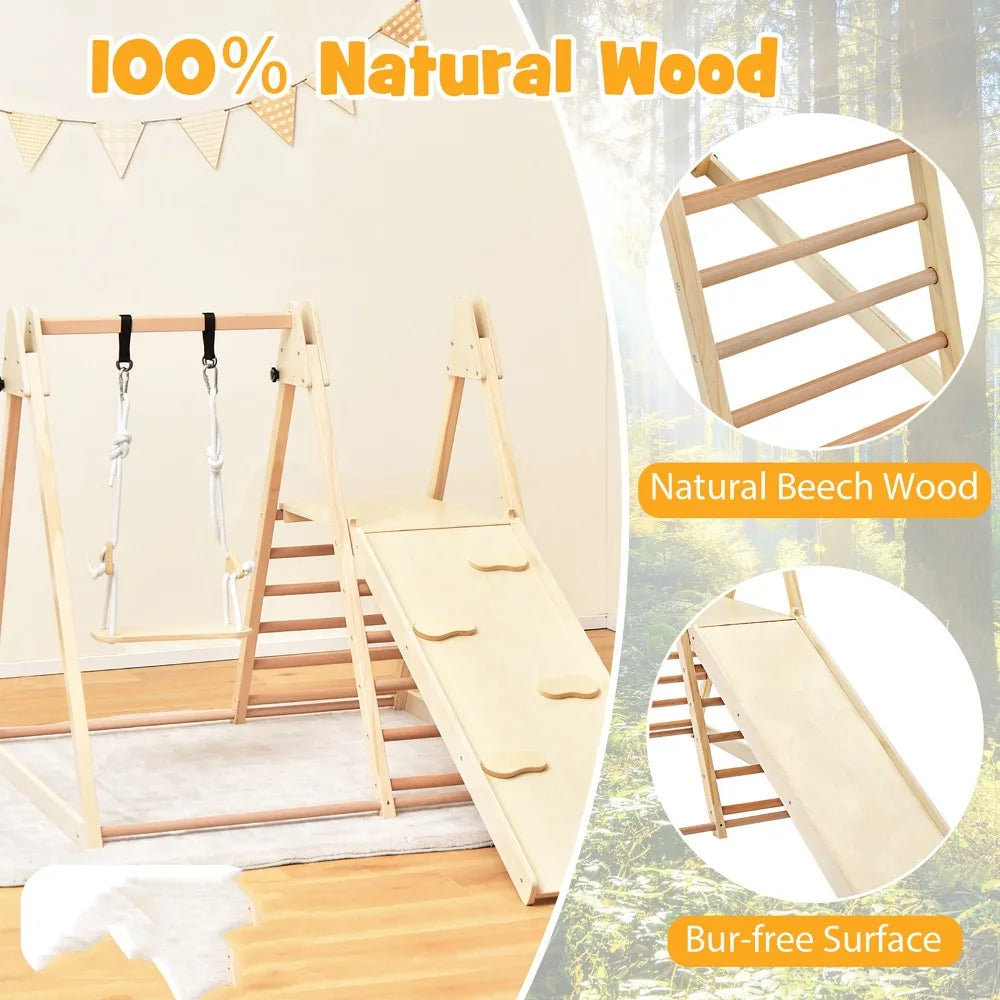 Indoor Playground w/ Slide Climbing Rock Adjustable Swing Wooden