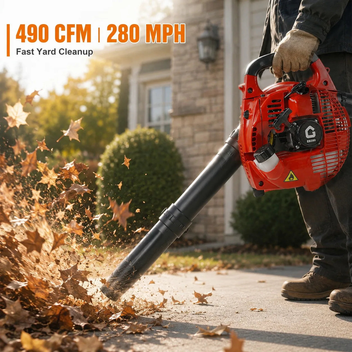 28CC Gas Leaf Blower Handheld 2 Stroke Engine 490CFM 280MPH High Airflow Lightweight Lawn Blower for Yard Garden Driveway Patio Debris Cleaning