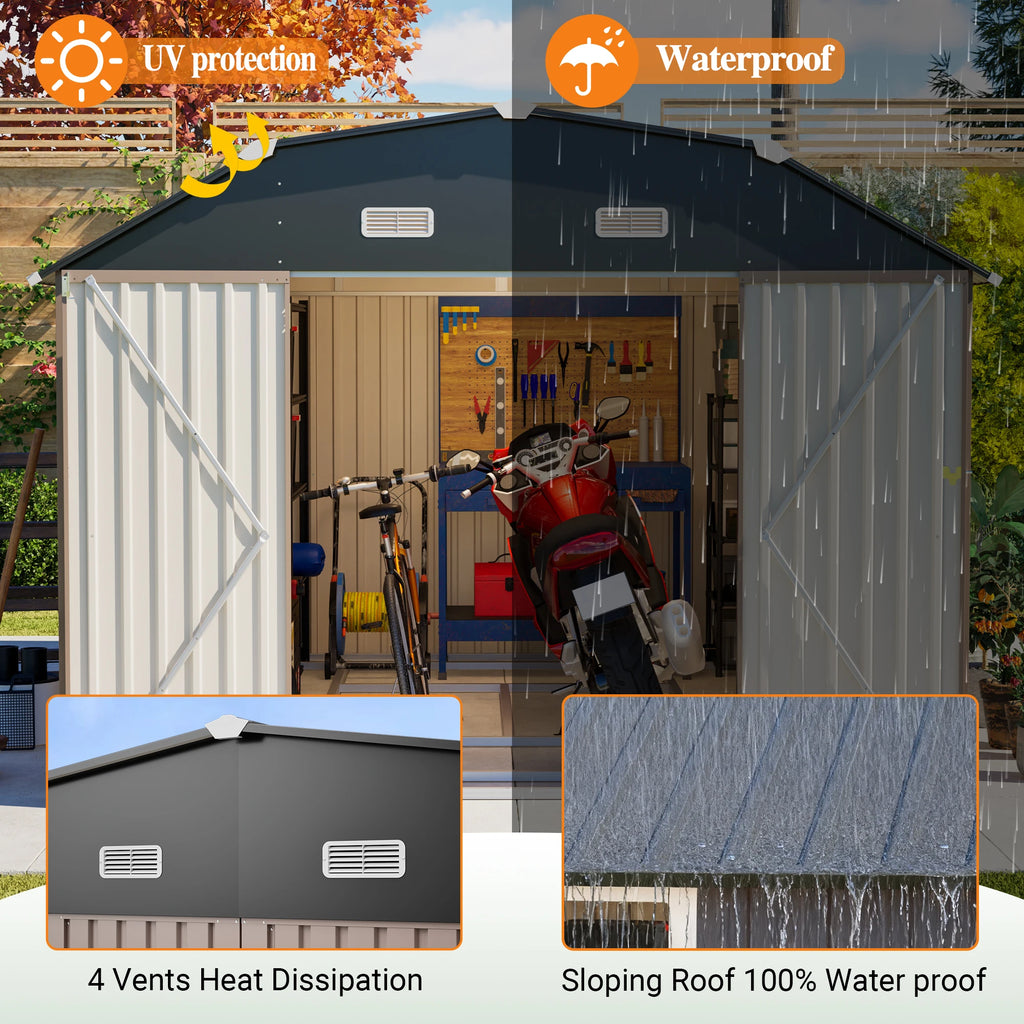 10' x 12' Metal Outdoor Storage Shed with Floor Frame Kit Tool Shed Heavy Duty, Floor Not Included