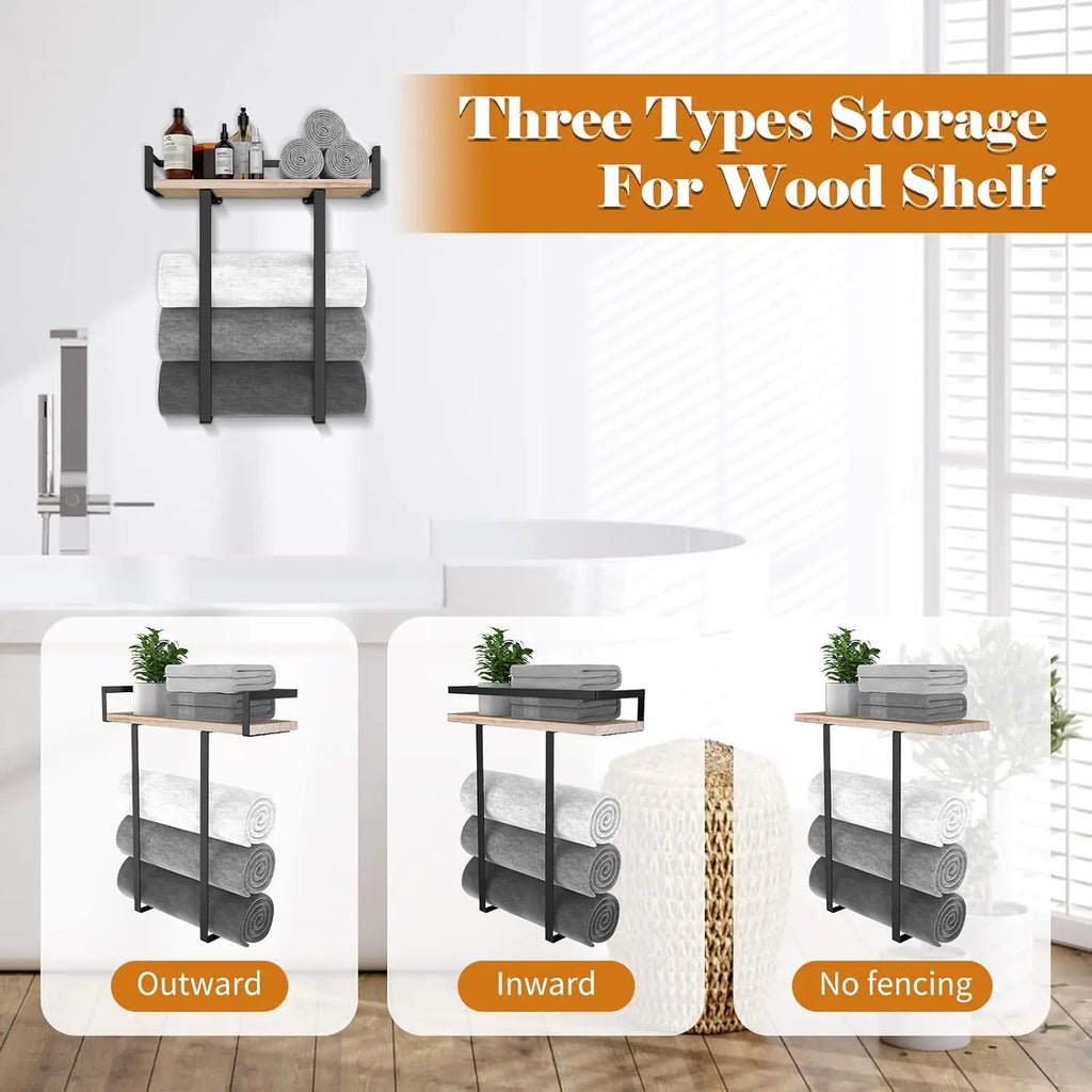 Towel Racks for Bathroom Wall Mounted, Metal Towel Holder with Wooden Shelf for Folding Large Towels, Towel Storage for Small Ba
